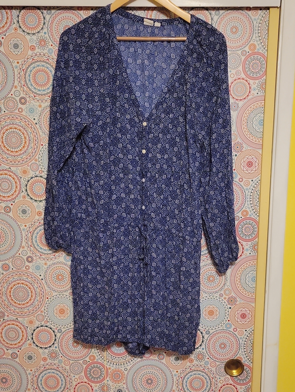 GAP Navy Blue Printed Long-Sleeve V-Neck Overall Short Dress